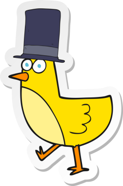 Bir insan tarafından çizilmiş şapka takan çizgi film kuşunun çıkartması.