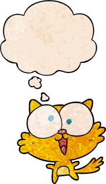 Bir insan tarafından çizilmiş grunge desenli düşünce baloncuklu çılgın çizgi film kedisi.