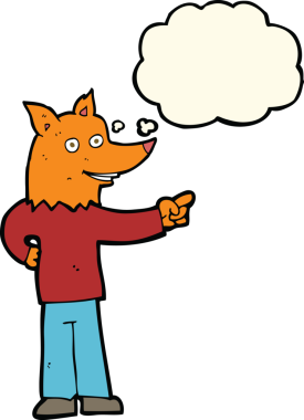 Bir insan tarafından çizilmiş düşünce balonuyla işaret eden tilki adam.