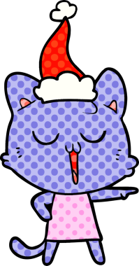 Bir insan tarafından çizilmiş Noel Baba şapkası takan bir kedinin el çizimi çizgi roman tasviri.