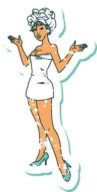 Bir insan tarafından çizilmiş havlulu posterli bir kızın geleneksel stil dövmesi.