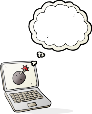 İnsan tarafından çizilmiş bir hata ekranı ile serbest çizilmiş düşünce kabarcığı dizüstü bilgisayar