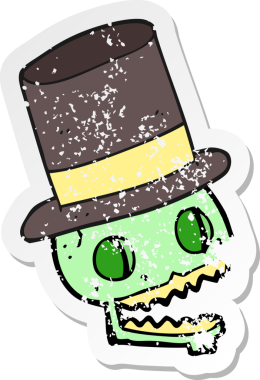 Bir insan tarafından çizilmiş silindir şapkalı, gülen bir karikatür çıkartması.