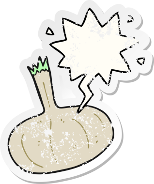 Konuşma baloncuklu karikatür soğanı bir insan tarafından çizilmiş sıkıntılı eski bir çıkartma