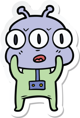 Çizgi film çıkartması. Bir insan tarafından çizilmiş üç gözlü uzaylı.