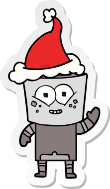 Bir insanın çizdiği Noel Baba şapkasıyla el sallayan bir robotun mutlu el çizimi karikatürü.