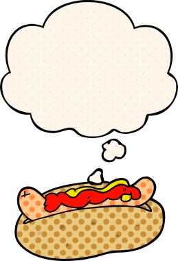 Bir insan tarafından çizilmiş, düşünce baloncuklu çizgi film sosislisi.
