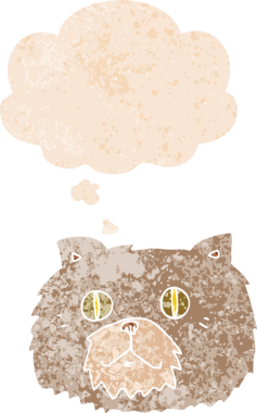 Düşünce baloncuklu çizgi film kedisi yüzü bir insan tarafından çizilmiş dertli retro dokuma tarzı