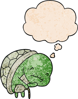 Bir insan tarafından çizilmiş grunge desenli düşünce baloncuğu olan sevimli yaşlı kaplumbağa.