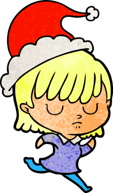 Bir insan tarafından çizilmiş Noel Baba şapkası giyen bir kadının el çizimi karikatürü.