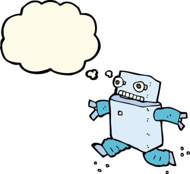 Bir insan tarafından çizilmiş düşünce baloncuğu olan çizgi film robotu