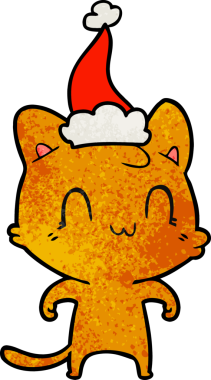 Bir insan tarafından çizilmiş Noel Baba şapkası takan mutlu bir kedinin el çizimi karikatürü.