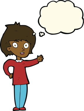 Bir insan tarafından çizilmiş düşünce balonlu mutlu kadın çizgi filmi.