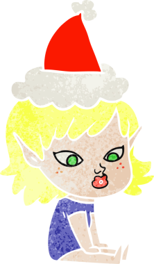 Bir insan tarafından çizilmiş Noel Baba şapkası takan elf bir kızın güzel el çizimi karikatürü