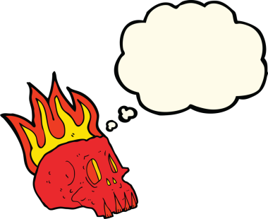 Bir insan tarafından çizilmiş düşünce baloncuklu yanan kafatası.