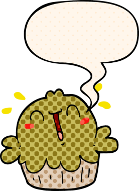 Bir insan tarafından çizilmiş çizgi roman tarzında konuşma baloncuğu olan şirin bir çizgi film pastası.