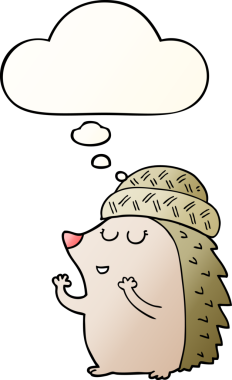 Düşünce baloncuklu şapkalı bir kirpi çizgi film karakteri insan tarafından çizilmiş.