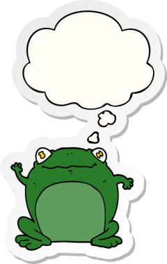 Düşünce baloncuğu insan tarafından çizilmiş bir çıkartma olan karikatür kurbağası.