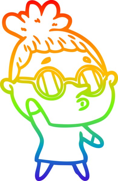 Gökkuşağı gradyan çizgi çizimi bir insan tarafından çizilmiş gözlük takan bir kadın.