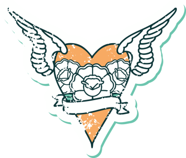 Bir insan tarafından çizilmiş çiçek ve pankartıyla uçan bir kalbin sembolik dövmeli resmi.