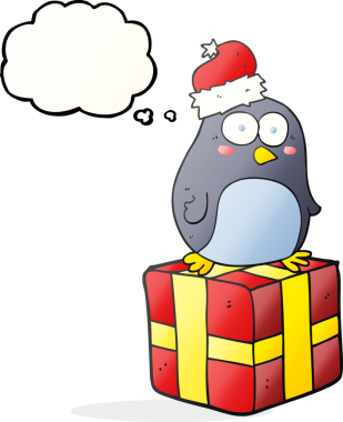 Bir insan tarafından çizilmiş serbest çizim balon karikatür noel pengueni.