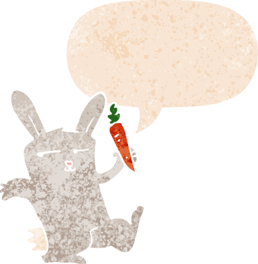 Havuçlu çizgi film tavşanı grunge 'da konuşma baloncuğu, insan tarafından çizilmiş dertli retro stil.