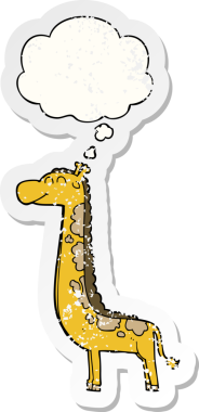 Düşünce baloncuğu olan çizgi film zürafası insan tarafından çizilmiş yıpranmış bir çıkartma.