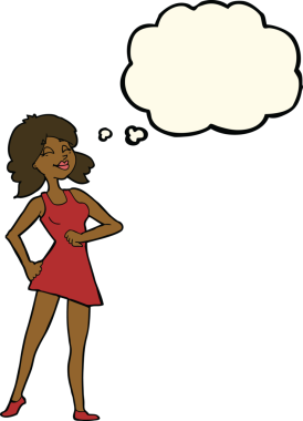 Bir insan tarafından çizilmiş düşünce baloncuğu olan gururlu bir kadın.