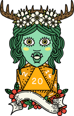 Retro Dövme Biçimli Ork karakteri bir insan tarafından çizilmiş 20 zar ile