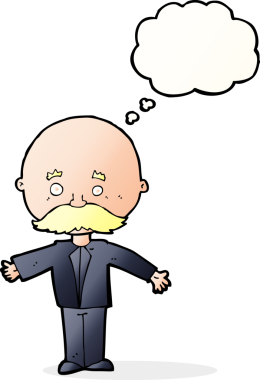 Bir insan tarafından çizilmiş düşünce baloncuklu bıyıklı çizgi film adamı.