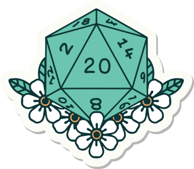 Bir insan tarafından çizilmiş 20 D20 zarının etiketi.