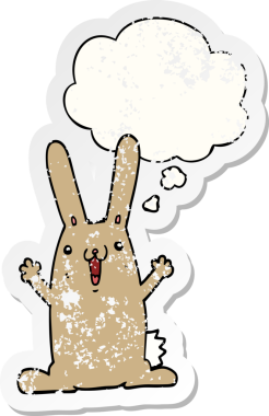 Düşünce baloncuğu olan çizgi film tavşanı insan tarafından çizilmiş yıpranmış bir çıkartma.
