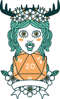 Retro Dövme Biçimli Ork karakteri bir insan tarafından çizilmiş 20 zar ile