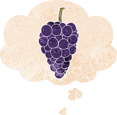 Düşünce baloncuklu karikatür üzümleri grunge sıkıntılı retro dokuma tarzı bir insan tarafından çizilmiş