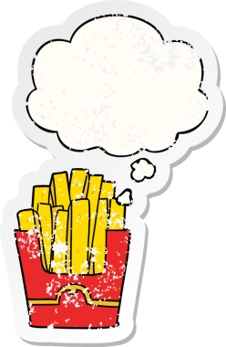 Düşünce baloncuğu olan çizgi film kızartmaları insan tarafından çizilmiş yıpranmış bir çıkartma gibi.