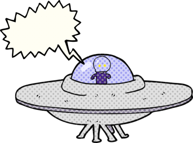 El yazısıyla çizilmiş çizgi roman konuşma balonu karikatürü bir insan tarafından çizilmiş uzaylı uçan dairesi.