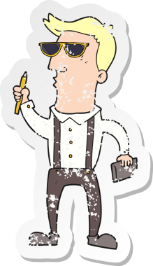 Bir insan tarafından çizilmiş defteri olan karikatürcü adamın gerilimli retro yapıştırması.