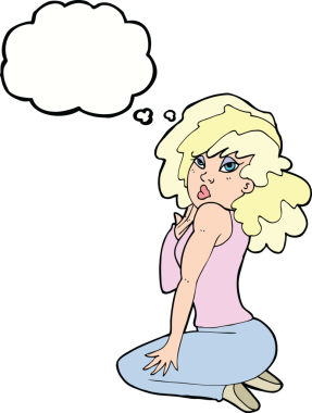 Bir insan tarafından çizilmiş düşünce balonuyla poz veren karikatür kadın.