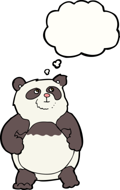Bir insan tarafından çizilmiş düşünce baloncuklu karikatür panda.