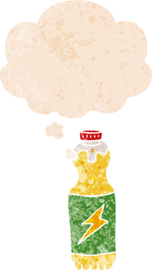 Düşünce baloncuklu karikatür soda şişesi grunge sıkıntılı retro stili bir insan tarafından çizilmiş