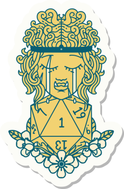 Hüzünlü bir ork barbar karakterinin çıkartması. Doğal bir d20 ruloyla bir insan tarafından çizilmiş.