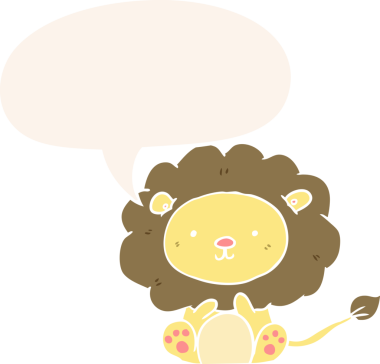 Bir insan tarafından çizilmiş konuşma baloncuğu olan sevimli çizgi film aslanı.