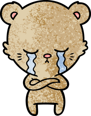 Bir insan tarafından çizilmiş kollarıyla ağlayan çizgi film ayısı.