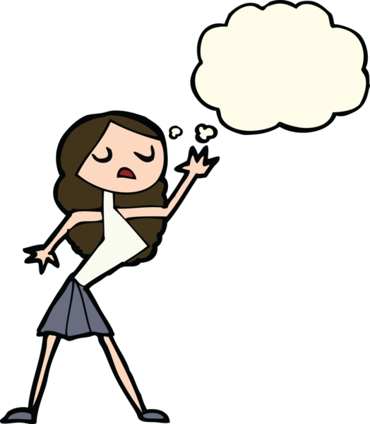 Bir insan tarafından çizilmiş düşünce baloncuğuyla dans eden çizgi film kadını.