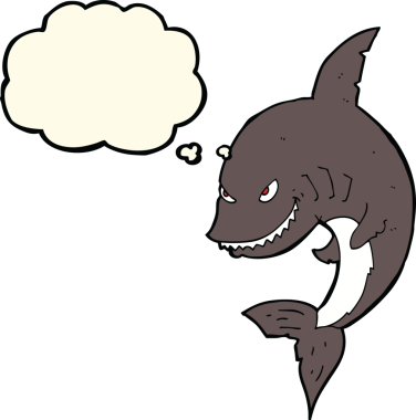 Bir insan tarafından çizilmiş düşünce baloncuklu komik köpek balığı.