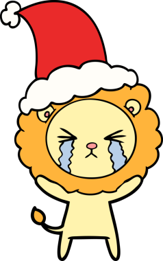 Bir insan tarafından çizilmiş Noel Baba şapkası giymiş ağlayan bir aslanın el çizimi.