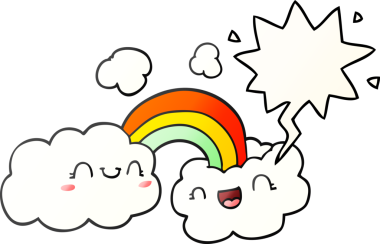 Mutlu karikatür bulutları ve gökkuşağı bir insan tarafından çizilmiş yumuşak eğimli konuşma baloncuğu