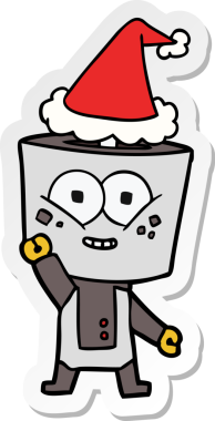 Bir insanın çizdiği Noel Baba şapkasıyla el sallayan bir robotun mutlu el çizimi karikatürü.