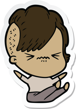 Çizgi film çıkartması. Bir insan tarafından çizilmiş sinirli hippi kız.