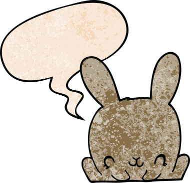 Konuşma baloncuklu çizgi film tavşanı insan tarafından çizilmiş.